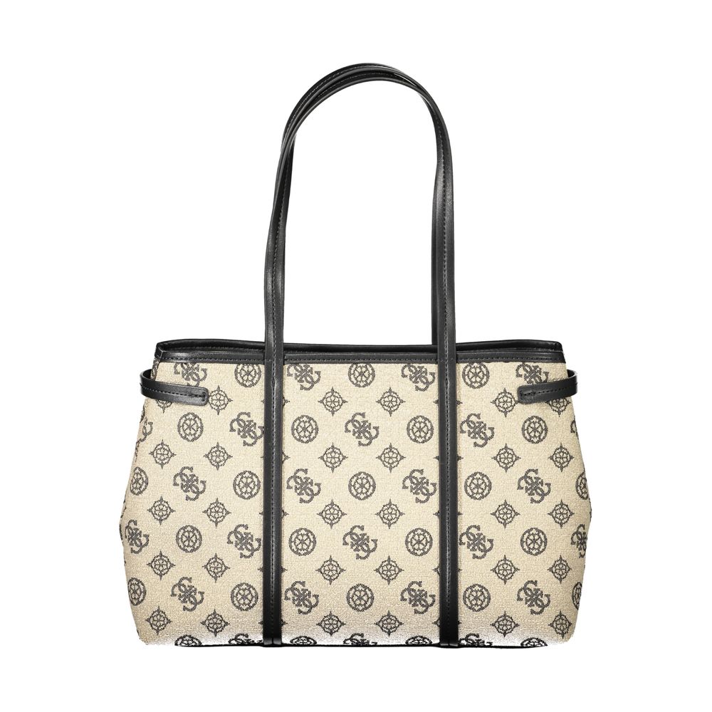 Guess Jeans Beige Cotton Women Handbag with logo pattern and black handles, designed for style and functionality.