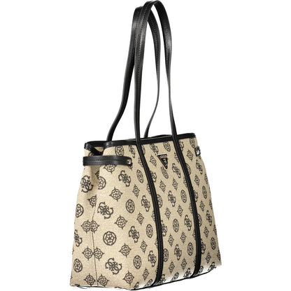 Guess Jeans Beige Cotton Women Handbag with black patterned design and dual shoulder handles