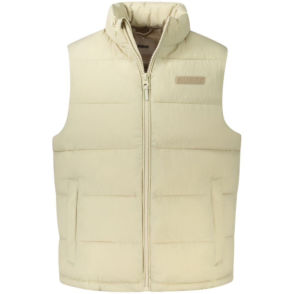 Guess Jeans Beige Polyamide Jacket - Sleeveless, water-resistant vest with zipper, logo, and multiple pockets for functionality and style.