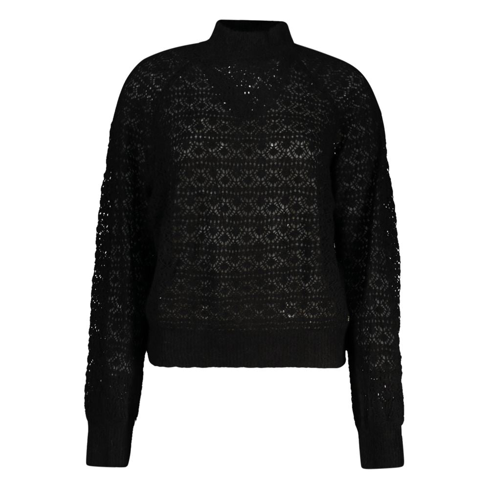 Guess Jeans Black Alpaca Leather Sweater with long-sleeved turtleneck, contrasting details, and logo application.