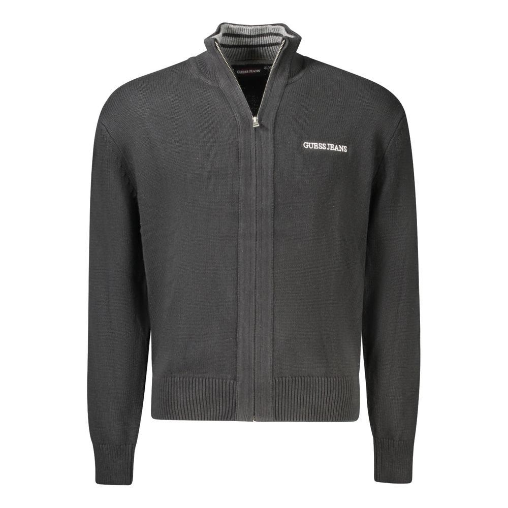 Guess Jeans Black Cotton Men Sweater with zip closure and embroidery