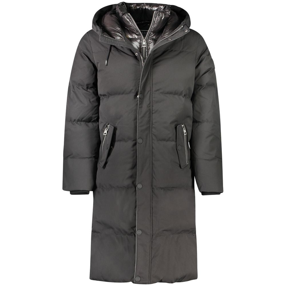 Guess Jeans Black Polyester Men Jacket with hood, double pockets, water-resistant, down filling, and double zipper