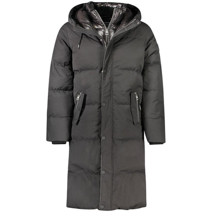 Guess Jeans Black Polyester Men Jacket with hood, double pockets, water-resistant, down filling, and double zipper