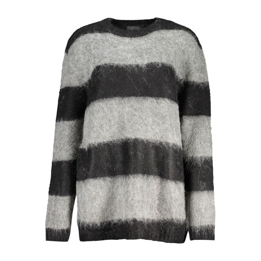 Guess Jeans Black Polyester Sweater with striped long sleeves and crew neck, featuring a logo.