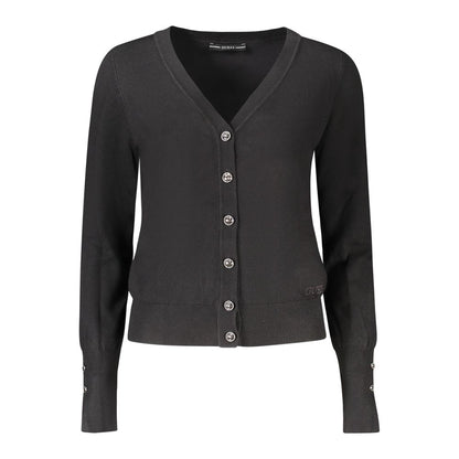 Guess Jeans Black Viscose Women Cardigan with rhinestone embellishments and Guess logo, versatile for day and evening wear.