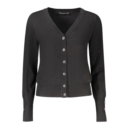 Guess Jeans Black Viscose Women Cardigan with rhinestone embellishments and Guess logo, versatile for day and evening wear.