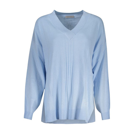 Alt Tag: Guess Jeans Blue Cotton Sweater with V-neck and contrasting details, featuring long sleeves and logo.