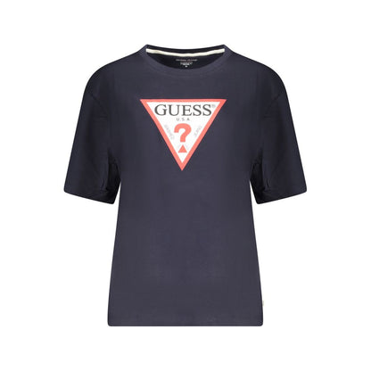Guess Jeans Blue Cotton Women T-Shirt with iconic logo print, featuring short sleeves and crew neck for trendy casual style.