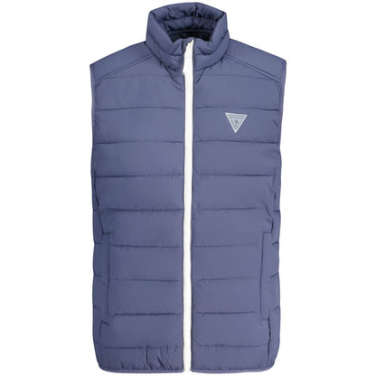 Guess Jeans Blue Spandex Men Jacket with contrasting details and logo, featuring a sleek design, zip closure, and external pockets.