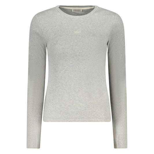 Guess Jeans Gray Cotton Women's T-Shirt with long sleeves and wide neckline, featuring delicate canneté detailing and Guess embroidery.