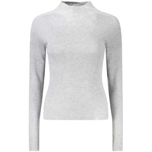 Guess Jeans Gray Wool Women Sweater with high-neck design and rhinestone embellishments, crafted from a wool, polyester, cashmere blend.
