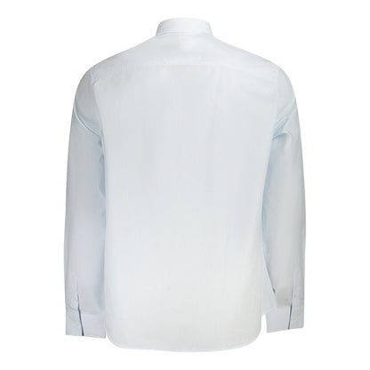 Back view of Guess Jeans Light Blue Cotton Men Shirt featuring Italian collar and long sleeves