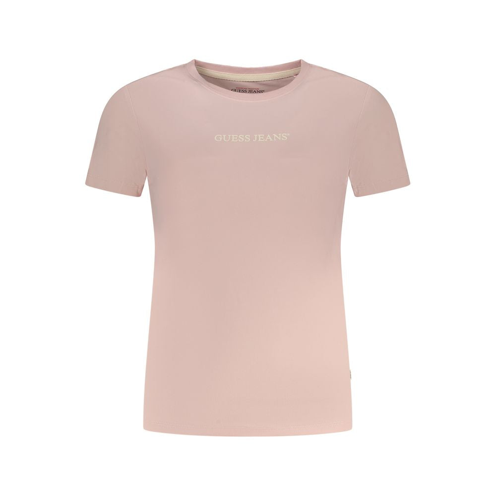 Guess Jeans Pink Cotton T-Shirt with short sleeves, crew neck, and logo print on organic cotton.