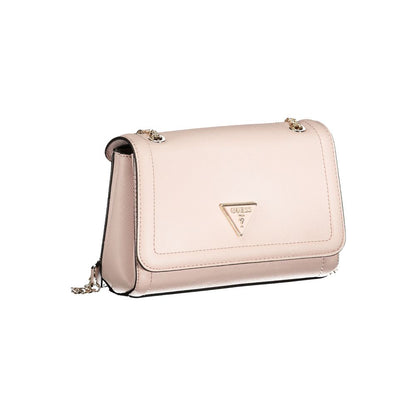 Guess Jeans Pink Polyethylene Handbag with chain shoulder handles, contrasting details, snap closure, and logo design.