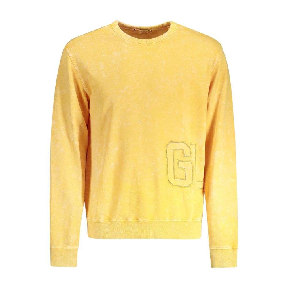 Guess Jeans Yellow Cotton Men Sweater with washed effect and embroidered logo, featuring long sleeves and crew neck.