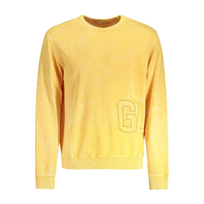 Guess Jeans Yellow Cotton Men Sweater with washed effect and embroidered logo, featuring long sleeves and crew neck.
