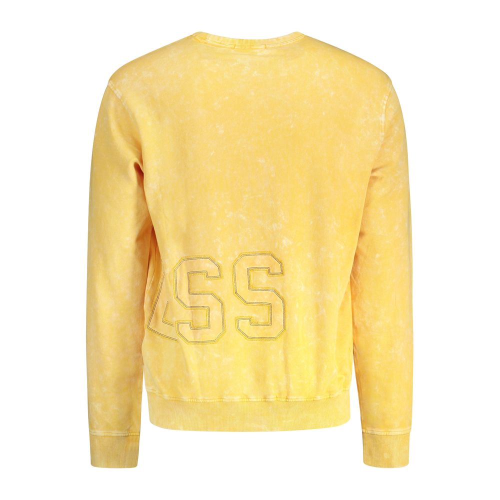 Guess Jeans Yellow Cotton Men Sweater with embroidered logo, crew neck, and long sleeves; perfect for stylish comfort.