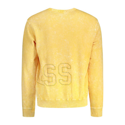 Guess Jeans Yellow Cotton Men Sweater with embroidered logo, crew neck, and long sleeves; perfect for stylish comfort.