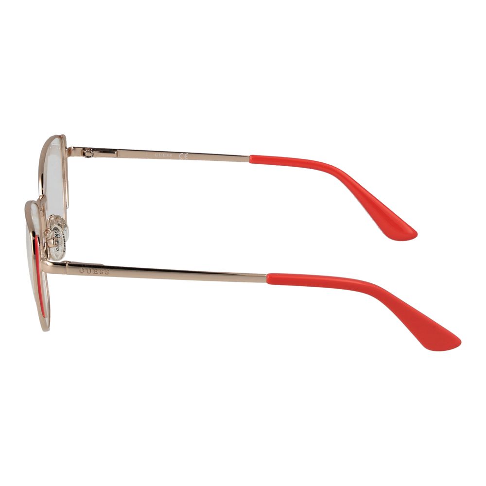 Side view of Guess Orange Women Glasses Frame in coral metal, featuring cat eye style and full-rim design with 140mm temples.