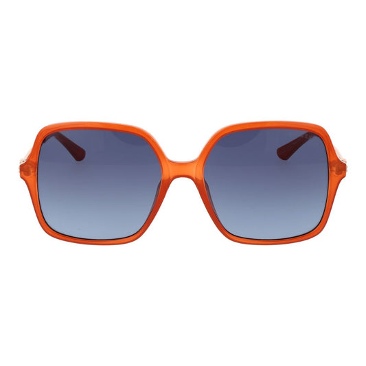 Guess Orange Women Sunglass, square full-rim style, orange plastic frame, blue gradient lenses, UV protection, size 57-17-140.