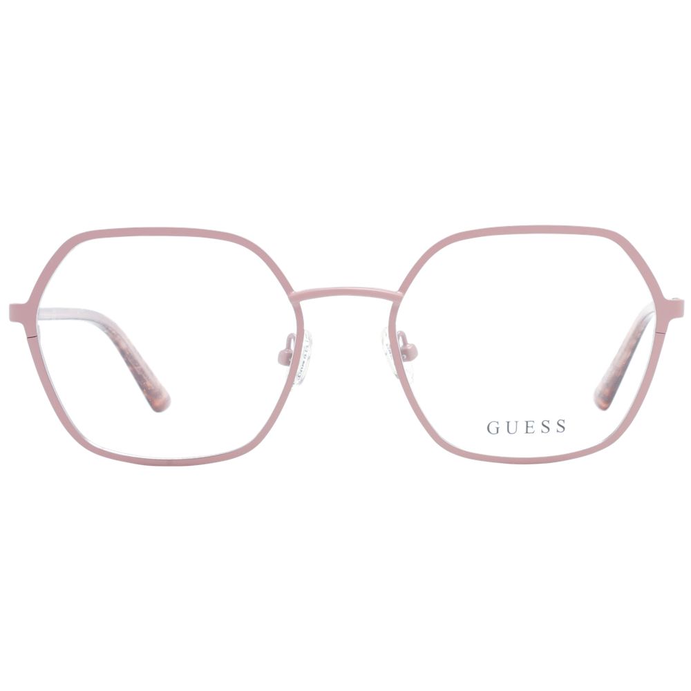 Guess Pink Women Glasses Frame with rose metal full-rim round style, demo lenses, and branded case included.