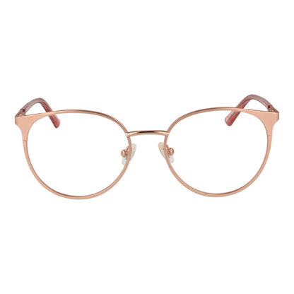 Guess Rose Gold Metal Glasses (Frames) in round style with full-rim and spring hinge, featuring rose gold metal frame and demo plastic lenses.