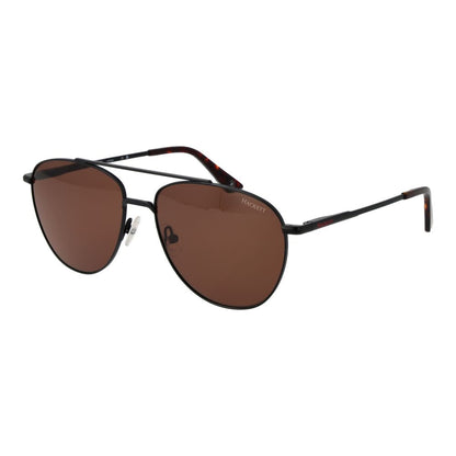 Hackett Black Metal Sunglasses with brown lenses and full-rim aviator style, 100% UVA & UVB protection, includes branded case.