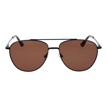 Hackett Black Metal Sunglasses with brown lenses, full-rim aviator style for men, featuring 100% UVA & UVB protection.