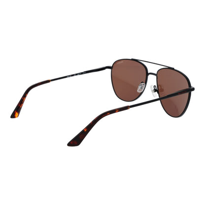 Hackett Black Metal Sunglasses, full-rim aviator style with brown plastic lenses, featuring 100% UVA & UVB protection, 56-15-140 size.