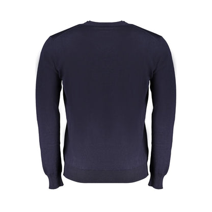 Harmont & Blaine Blue Wool Sweater, long sleeved, crew neck, featuring logo embroidery, back view.