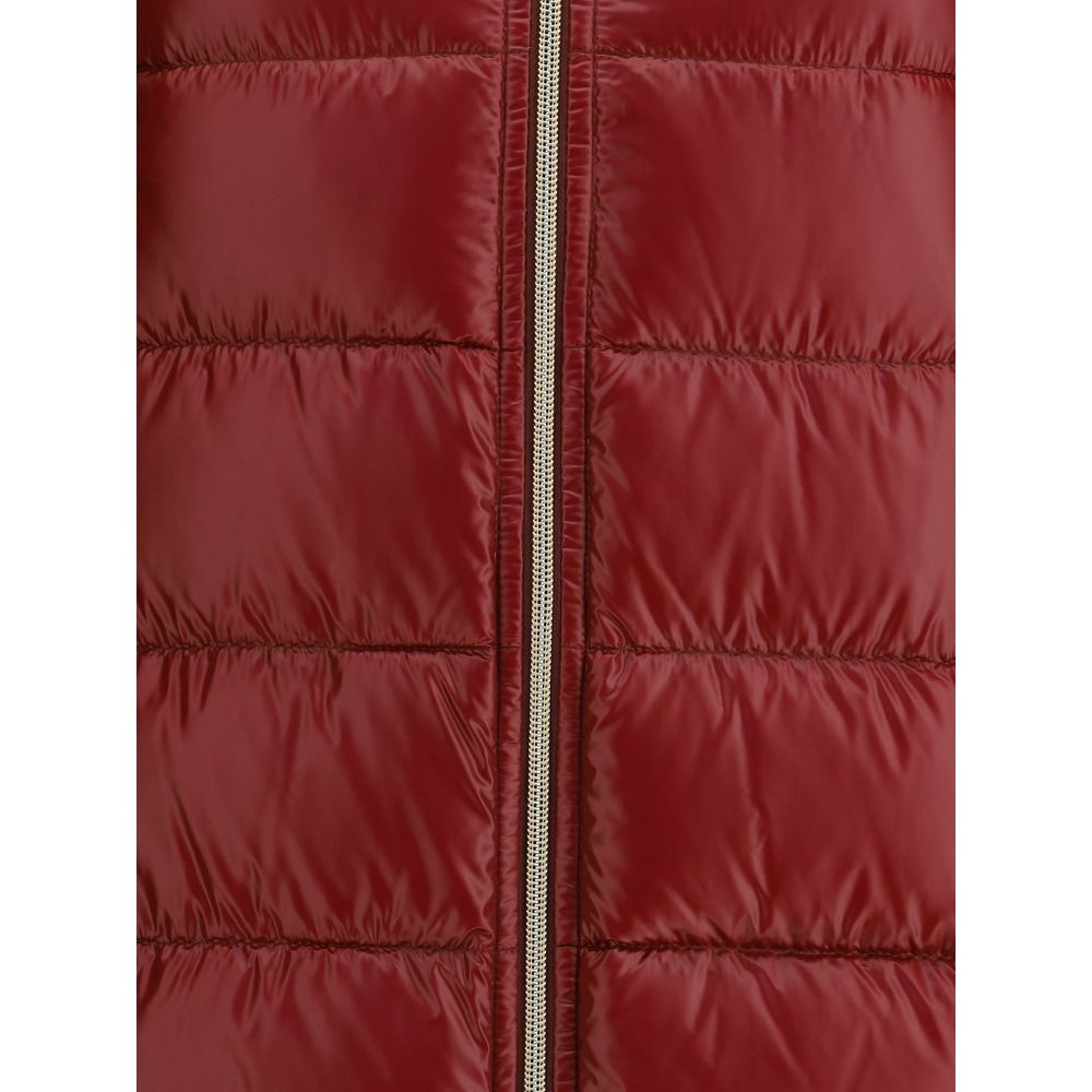 Close-up of Herno Bordeaux Polyester Coat highlighting the red fabric and zipper detail.