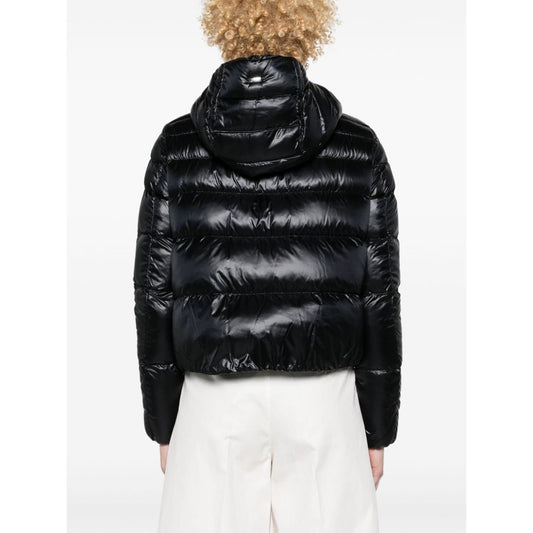 Back view of a black Herno Coats Black with feather down padding, hood, and cropped drawstring hem.