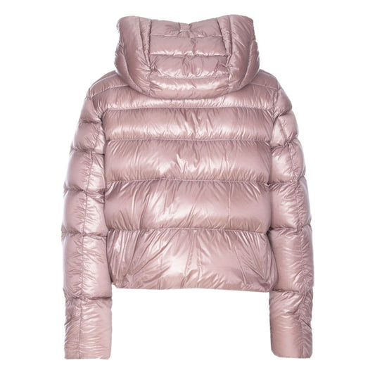 Herno Coats Lilac, rose pink padded nylon jacket with hood and zip pockets, front view.