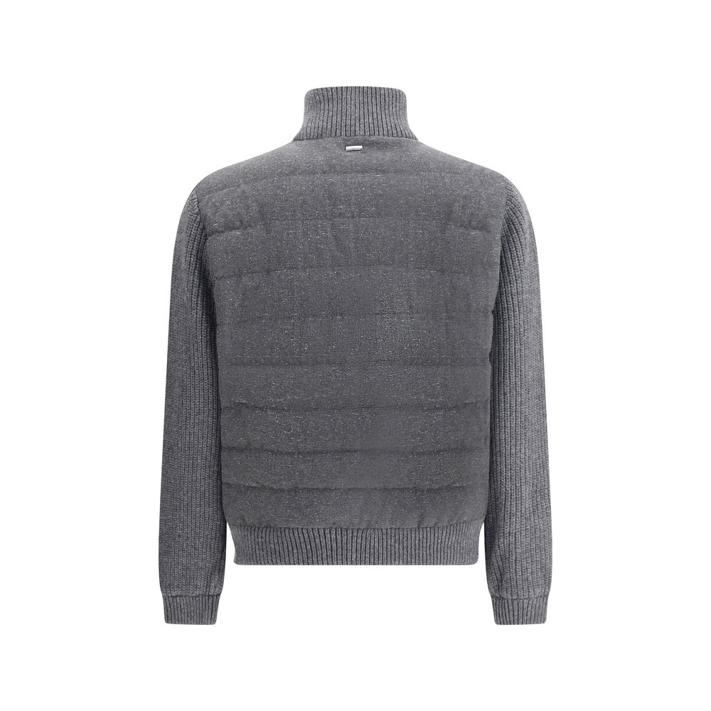 Back view of Herno Gray Wool Bomber with mélange pattern, featuring ribbed knit sleeves and hem for texture and style.