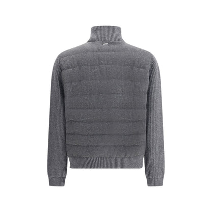 Back view of Herno Gray Wool Bomber with mélange pattern, featuring ribbed knit sleeves and hem for texture and style.