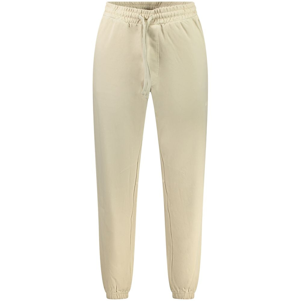 Hugo Boss Beige Cotton Pant - Sports trousers with elastic waist and ankle, lace ties, three pockets, embroidery, and logo detail.