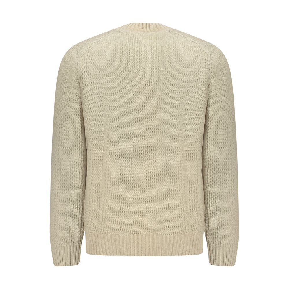 Hugo Boss Beige Cotton Sweater with long sleeves and crew neck, featuring a chenille texture and logo.