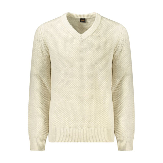 Hugo Boss Beige Wool Men Sweater with V-neck design, featuring a modern edge and iconic logo, perfect for a style-conscious look.