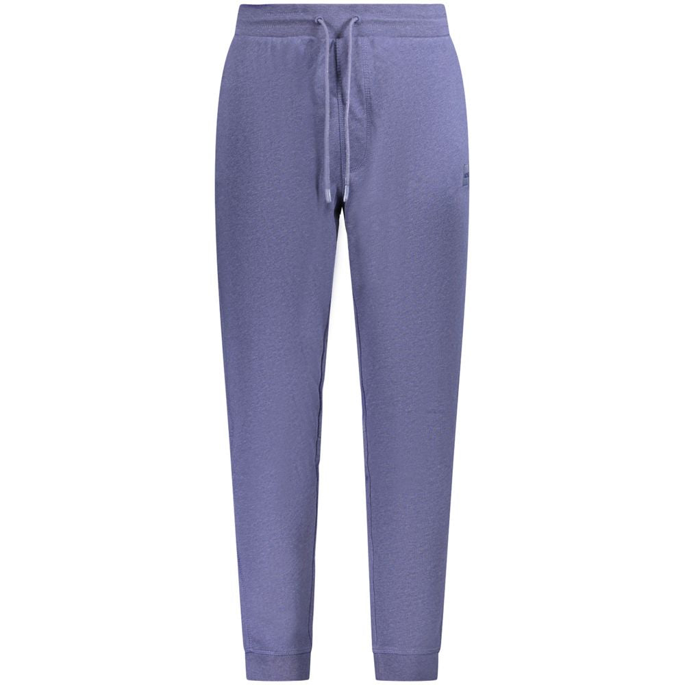 Hugo Boss Blue Cotton Pant with elastic waist, laces, 3 pockets, and ankle cuffs, featuring a brushed design and logo application.