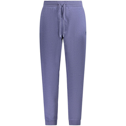 Hugo Boss Blue Cotton Pant with elastic waist, laces, 3 pockets, and ankle cuffs, featuring a brushed design and logo application.