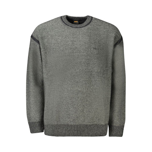Hugo Boss Gray Wool Sweater with long sleeves, crew neck, contrasting details, and logo embroidery