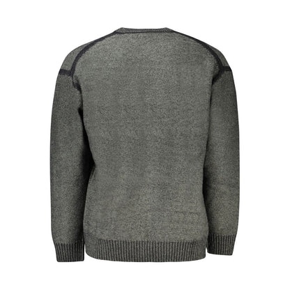 Hugo Boss Gray Wool Sweater with long sleeves, crew neck, contrasting details, and logo embroidery.