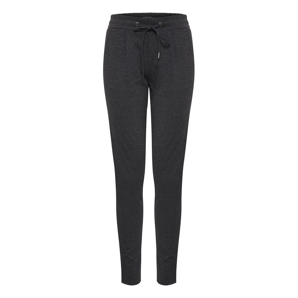 ICHI Gray Polyester Pant - women's slim fit cigarette trousers with elastic waistband and drawstring, front pleats, model 20105036