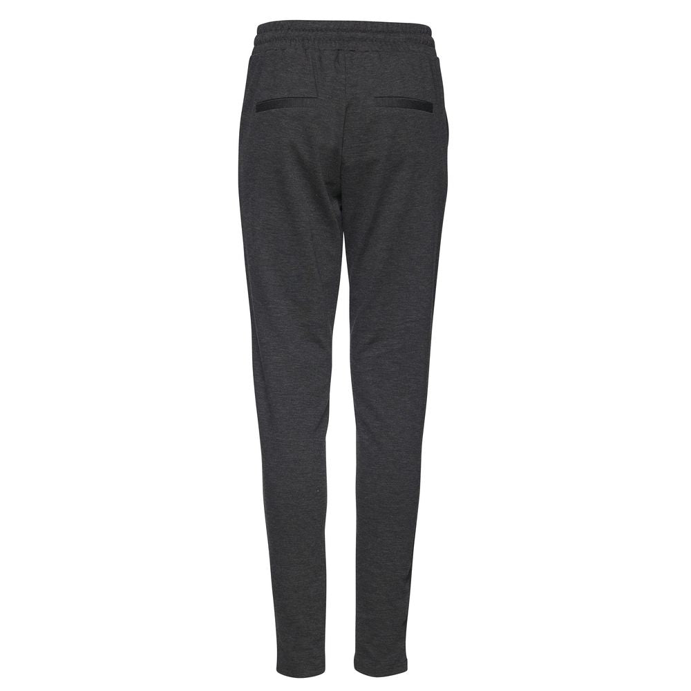 Back view of ICHI Gray Polyester Pant showcasing slim fit and elastic waistband.