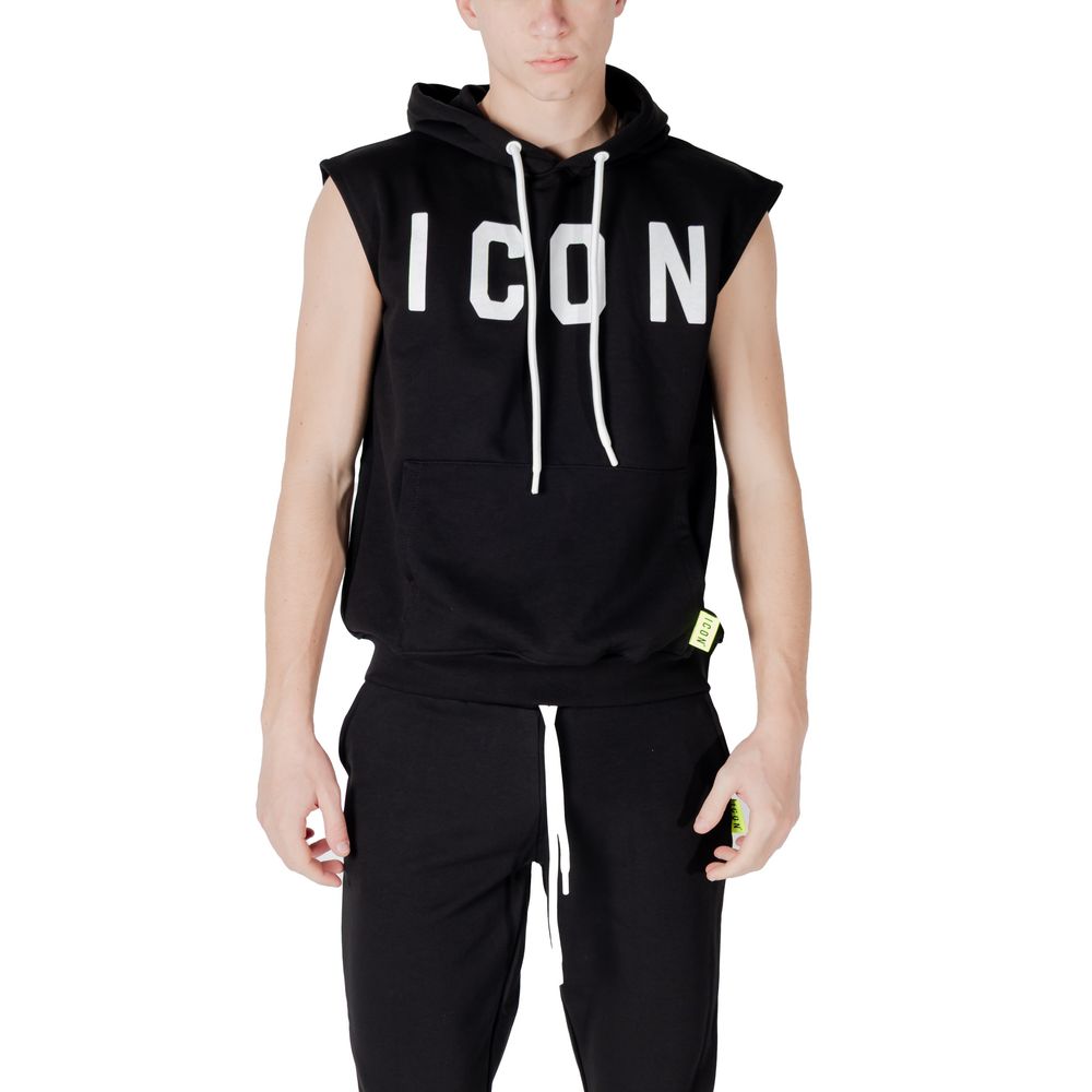 Icon Black Cotton Hoodie with 'ICON' logo, sleeveless design, adjustable hood, and front pocket, perfect for stylish casual wear.