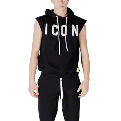 Icon Black Cotton Hoodie with 'ICON' logo, sleeveless design, adjustable hood, and front pocket, perfect for stylish casual wear.