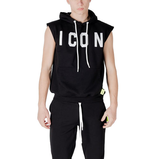 Icon Black Cotton Hoodie with 'ICON' logo, sleeveless design, adjustable hood, and front pocket, perfect for stylish casual wear.