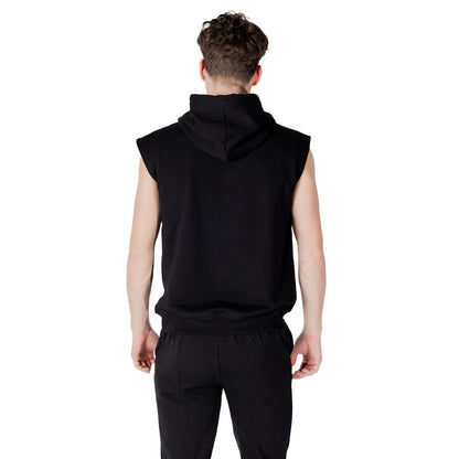 Icon Black Cotton Hoodie back view showing sleeveless design and adjustable hood.