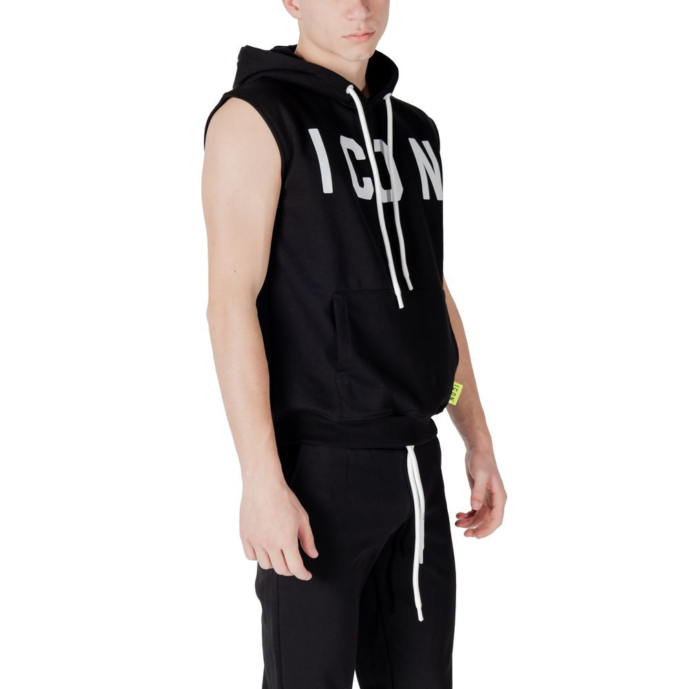 Icon Black Cotton Hoodie with 'ICON' logo, sleeveless design, ideal for modern style and comfort. Features adjustable hood and front pocket.