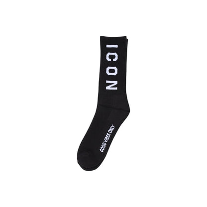 Icon Black Cotton Socks with vertical logo design, unisex, comfortable fit, ideal for daily wear and sports activities, 80% cotton.